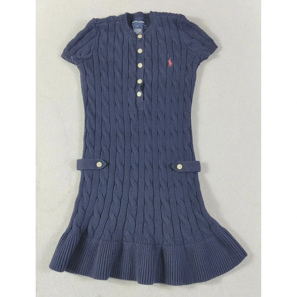 Ralph Lauren Sweater Dress Girls Small Blue Cable Knit Drop Waist Pony Logo